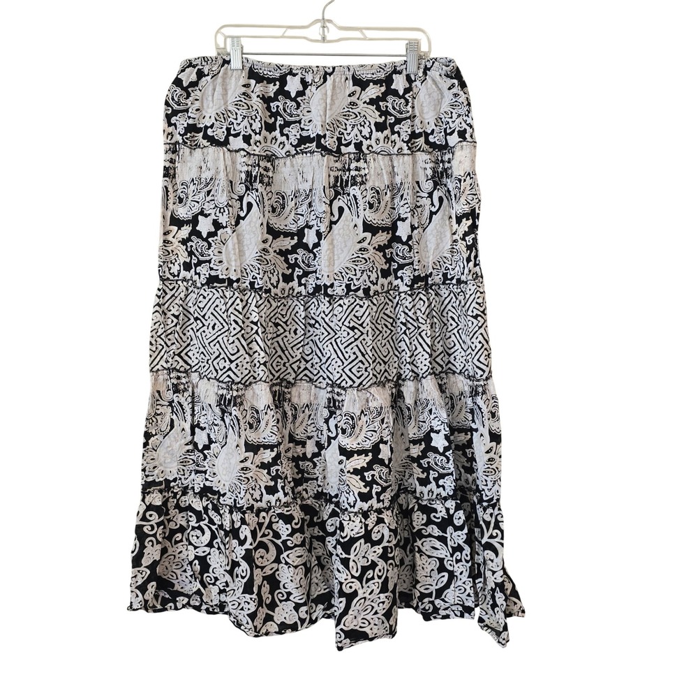 Style & Co Womens Black White Paisley Tiered Cotton Maxi Skirt Large Boho Casual